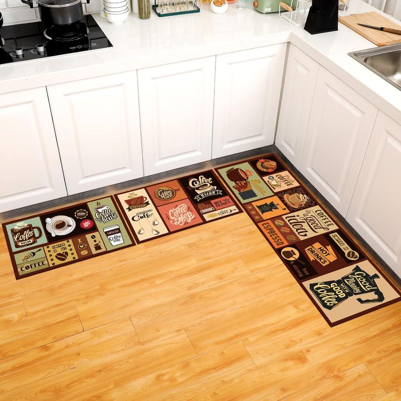 Photo 1 of  Kitchen Rug Set Non Skid Thick Black Kitchen Rugs and Mats Stain Resistant Anti Fatigue Mats for Kitchen Microfiber Floor Non Slip Backing Mat, 15.7" x 47.2", 15.7" x 23.6"(Coffee Style)
