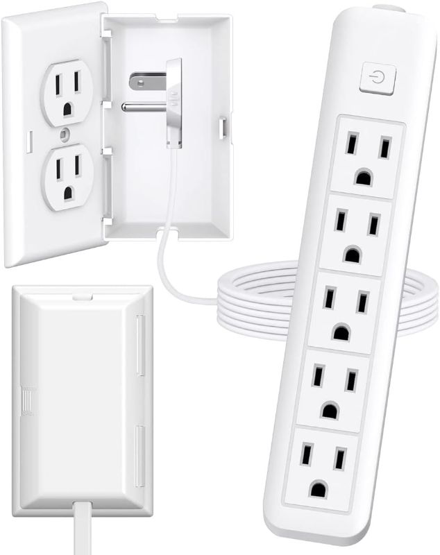 Photo 1 of Ultra-Thin Outlet Concealer with Ultra Flat Plug Power 3-Foot Strip Extension Cord, Outlet Cover Concealer, 5 AC Outlets, 1875W for Kitchen, Home and Office(3ft-Duplex Wall Outlet Cover)
