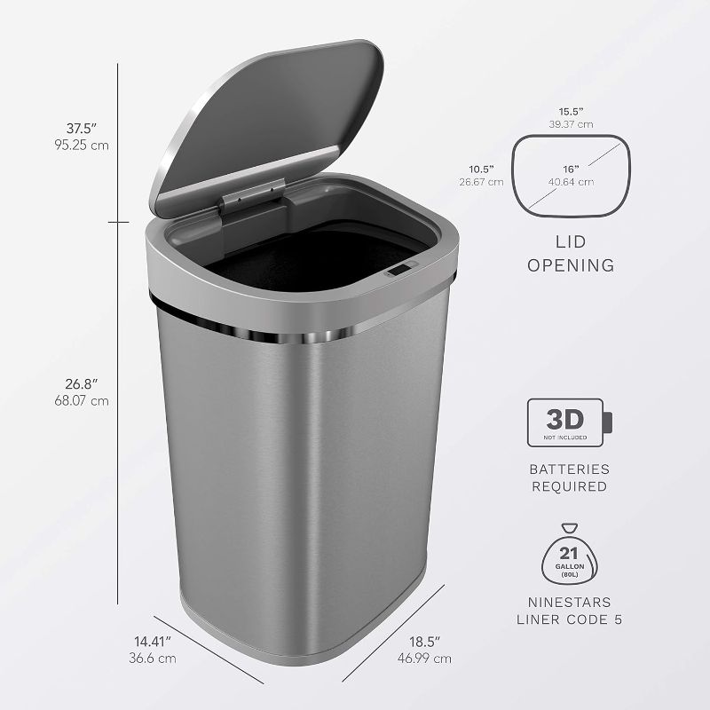 Photo 5 of (NON-REFUNDABLE) NINESTARS DZT-80-35 Automatic Touchless Infrared Motion Sensor Trash Can, 21 Gal 80L, Heavy Duty Stainless Steel Base (Oval, Silver/Brush Lid) Trashcan, SS