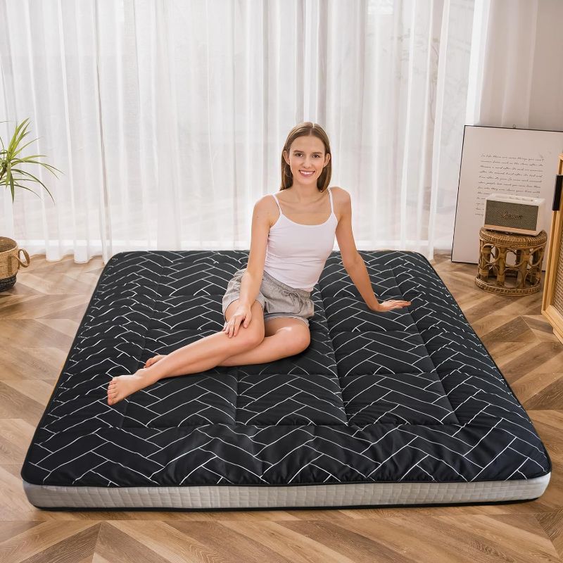 Photo 1 of  Black Geometric Pattern Futon Mattress, Japanese Floor Mattress Quilted Bed Mattress Topper, Extra Thick Folding Sleeping Pad Breathable Floor Lounger Guest Bed for Camping Couch, Queen