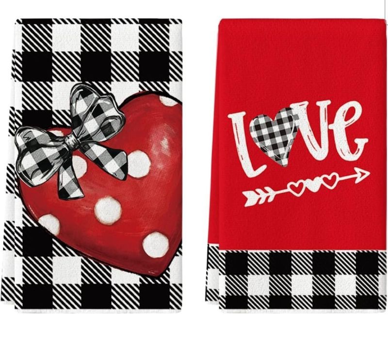 Photo 1 of **NON-REFUNDABLE BUNDLEOF 2**
Artoid Mode Red Buffalo Plaid Heart Love Bowknot Mother's Day Kitchen Towels Dish Towels, 18x26 Inch Hand Towels Set of 2