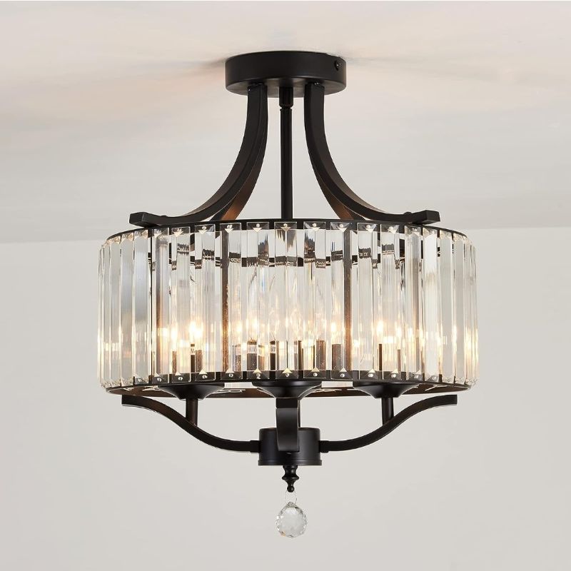 Photo 1 of **UNABLE TO TEST**
Modern Crystal Chandelier 4 Lights Black Semi Flush Mount Ceiling Light Fixture 