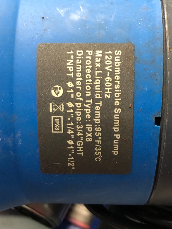 Photo 7 of ***HEAVILY USED AND DIRTY - UNABLE TO TEST - LIKELY MISSING PARTS***
Sump Pump Submersible 1HP 3500GPH Water Draining Pump Thermoplastic 16FT Power Cord