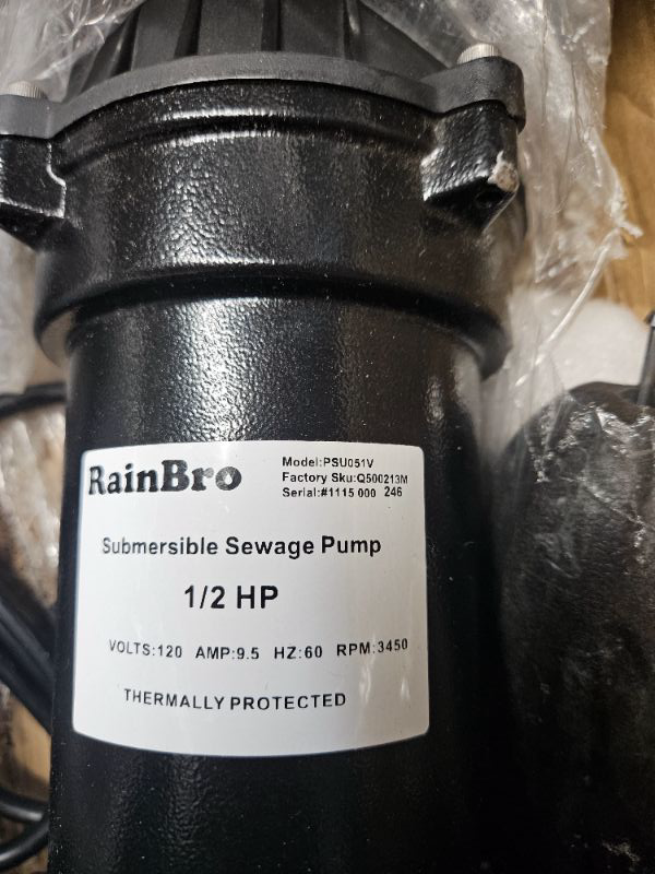 Photo 2 of **DAMAGED READ NOTES**
1/2 HP Thermoplastic Submersible Sump Pump With Vertical Float Switch, Utility Pump, Model# PSU051V 1/2 HP 3400GPH