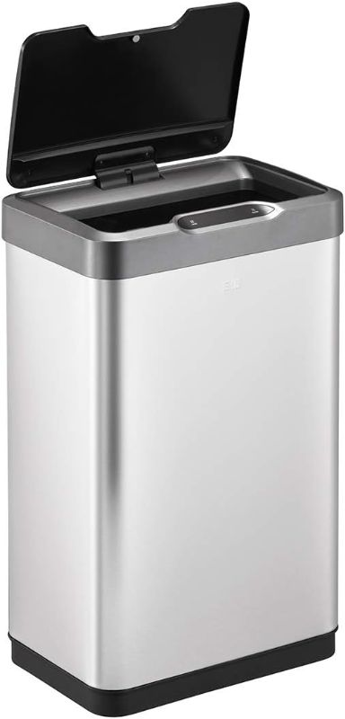 Photo 1 of **MAJOR DENTS - UNABLE TO TEST**
EKO Mirage-T 50 Liter / 13.2 Gallon Touchless Rectangular Motion Sensor Trash Can, Brushed Stainless Steel Finish