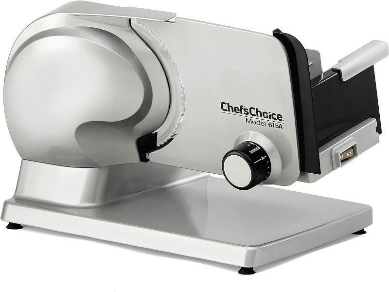 Photo 1 of Chef’sChoice 615A Electric Meat Slicer For Home Use With Precision Thickness Control, Tilted Food Carriage and 7-Inch Removable Blade, 100 W, Silver