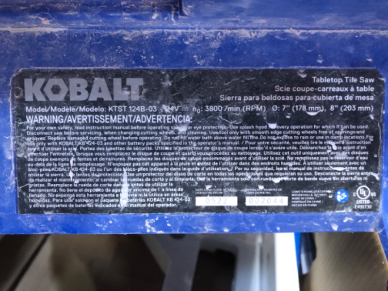 Photo 3 of ***HEAVILY USED AND DIRTY - MISSING NUMEROUS PARTS - INCLUDING BATTERY/CHARGER AND SAW BLADE - UNABLE TO TEST - SEE PICTURES***
Kobalt 24V 7-in-Blade Cordless Wet Tabletop Sliding Table Tile Saw