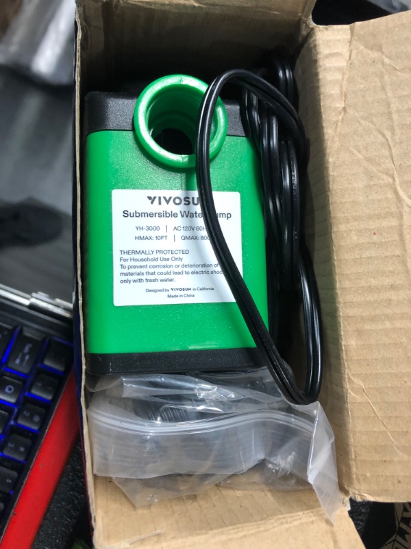 Photo 2 of (NON-REFUNDABLE) VIVOSUN 800GPH Submersible Pump(3000L/H, 24W), Ultra Quiet Water Fountain Pump with 10ft. High Lift with 6.5ft. Power Cord, 3 Nozzles for Fish Tank, Pond, Aquarium, Statuary, Hydroponics Green
