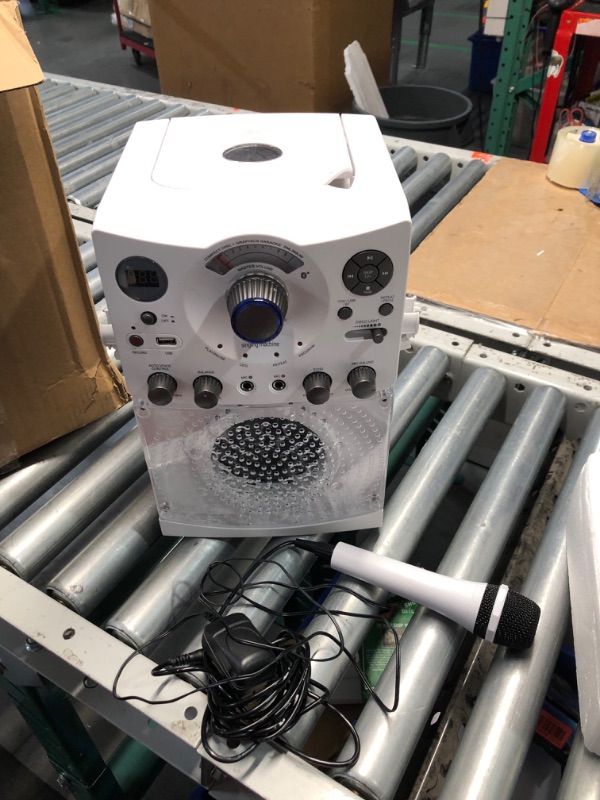 Photo 5 of ***USED - POWERS ON - UNABLE TO TEST FURTHER***
Singing Machine Portable Karaoke Machine for Adults & Kids with Wired Microphone, White - Built-In Speaker, Bluetooth with LED Disco Lights - Karaoke System with CD+G Player & USB Connectivity