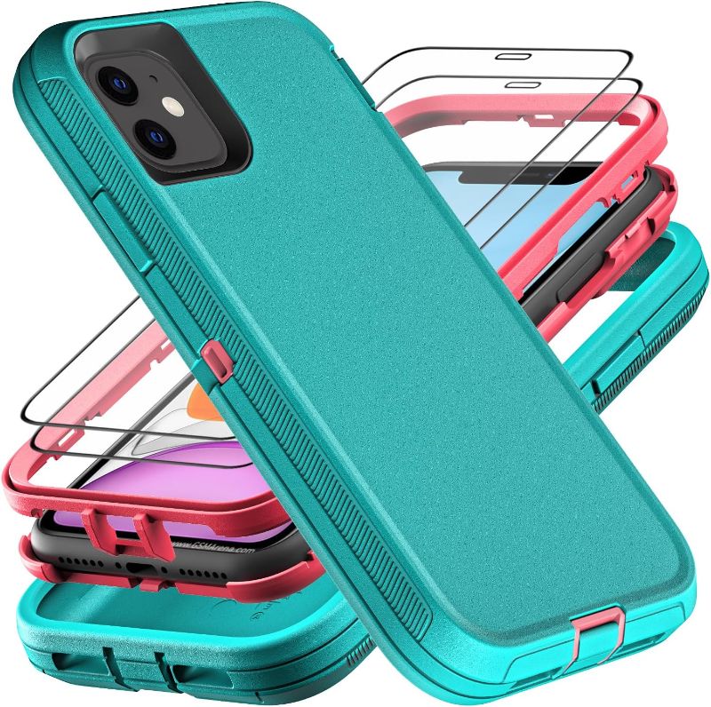 Photo 1 of YKHJKLEC for iPhone 11 Case with 2Pcs Tempered Glass Screen Protector? Military Grade 3 in 1 Heavy Duty Shockproof/Drop Proof/Dust Proof Case for Apple iPhone 11 6.1 inch (Aqua Blue/Pink)
