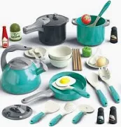 Photo 4 of Bruvoalon 32Pcs Kids Play Kitchen Toys Set, Toddlers Pretend Cooking Playset Acccessories with Pots Pans, Utensils Cookware, Foods, Canned Veges, Learning Gift for Kids Girls Boys (Green)