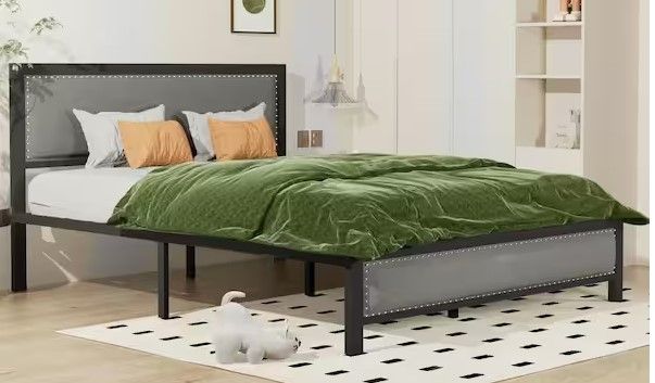 Photo 1 of **hardware loose**  Metal Bed Frame Queen Gray with Linen Upholstered Headboard, Platform Bed with 12.6 in. Under Bed Storage and Nailhead
