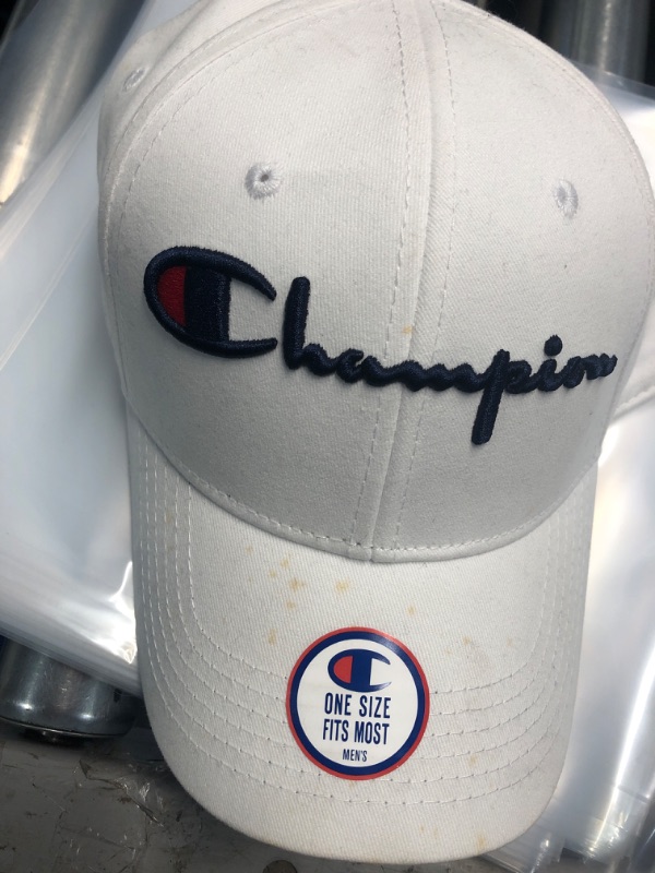 Photo 1 of (USED/MINOR STAINS)Champion Hat, Classic Cotton Twill, Baseball, Adjustable Leather Strap Cap for Men, White Vintage Script, One Size