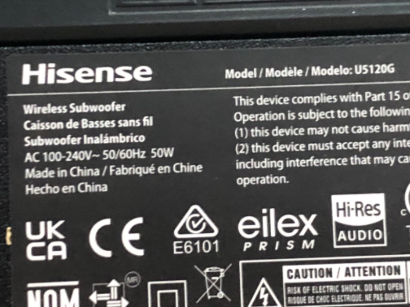 Photo 4 of Hisense U5120G 5.1.2ch Premium Sound Bar with Wireless Subwoofer, 510W, Hi-Res Audio, Bluetooth 4.2, 4K HDR Pass Through, Type-C, HDMI ARC/Optical/AUX/USB, 7 EQ Modes,Black Black 5.1.2ch 510W