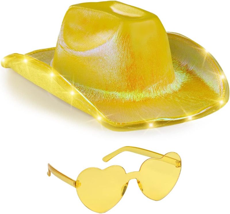 Photo 1 of Funcredible Gold Light Up Cowboy Hat and Glasses - Holographic Led Cowgirl Hat - Space Cowgirl Outfit - Cowgirl Costume Accessories for Women
