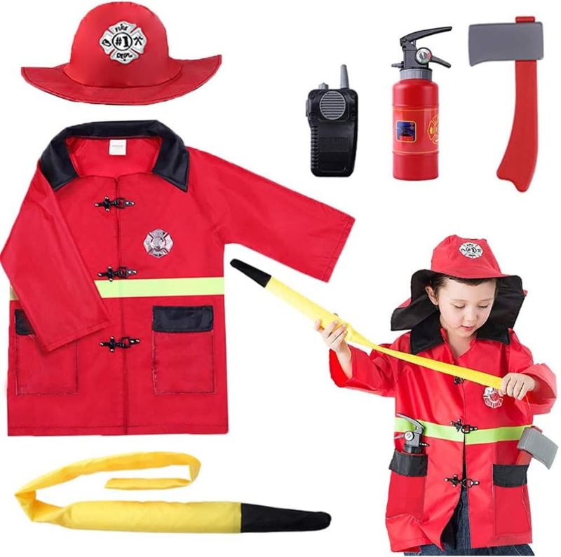 Photo 1 of iPlay, iLearn Kids Firefighter Costume, Toddler Fireman Dress up, Fire Pretend Chief Outfit, Halloween Role Play Career Suit W/Walkie Talkie Hose, Party Birthday Gift for 3 4 5 6 7 Year Old Boy Girl
