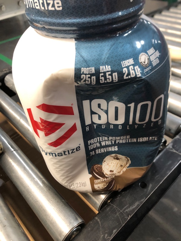 Photo 2 of (EXP DATE: 1/26) (MINOR DAMAGE TO THE BOTTLE) Dymatize ISO100 Hydrolyzed Protein Powder, 100% Whey Isolate Protein, 25g of Protein, 5.5g BCAAs, Gluten Free, Fast Absorbing, Easy Digesting, Cookies and Cream, 5 Pound Cookies & Cream