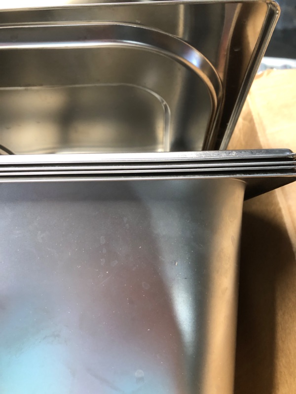 Photo 1 of **missing item**Mophorn 4 Pack Hotel Pan 3.7" Deep Steam Table Pan Full Size with Lid 20.8" L x 13" W Hotel Pan 22 Gauge Stainless Steel Anti Jam Steam Table Pan