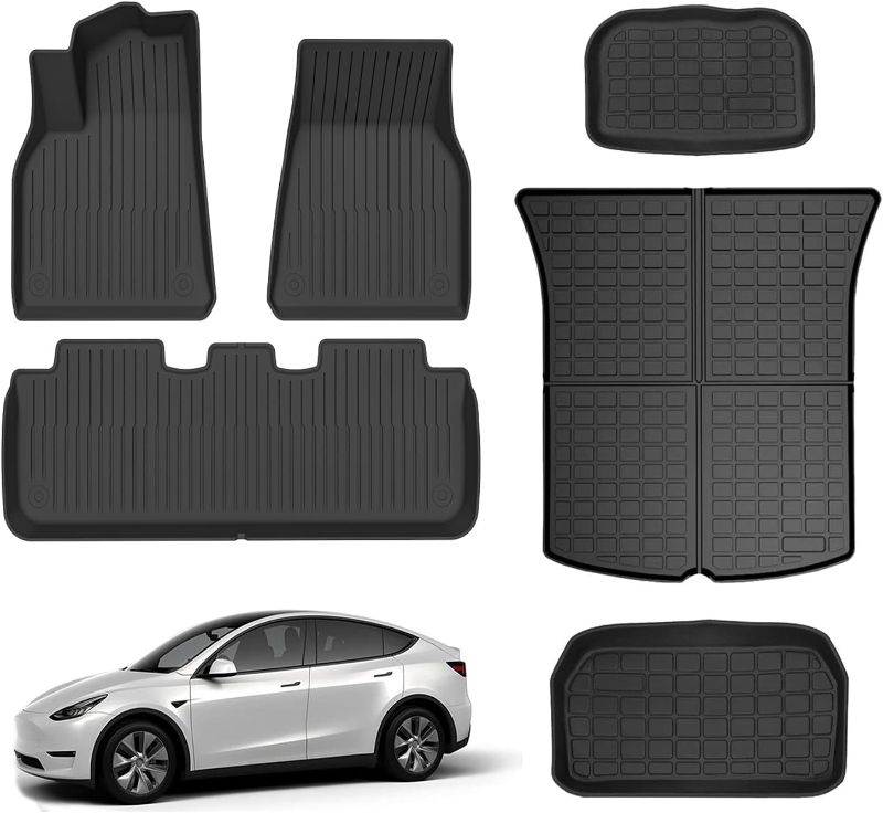 Photo 1 of Model Y Storage Mats and Cargo Liners, All Weather Rear Cargo Trunk Tray Floor Mat Custom Fit for 2020 2021 2022 2023 Tesla Model Y 5-Seat, 3D Tech Modeling Waterproof Durable Foldable TPO Accessories Model Y Caogo Liner with Storage Mat