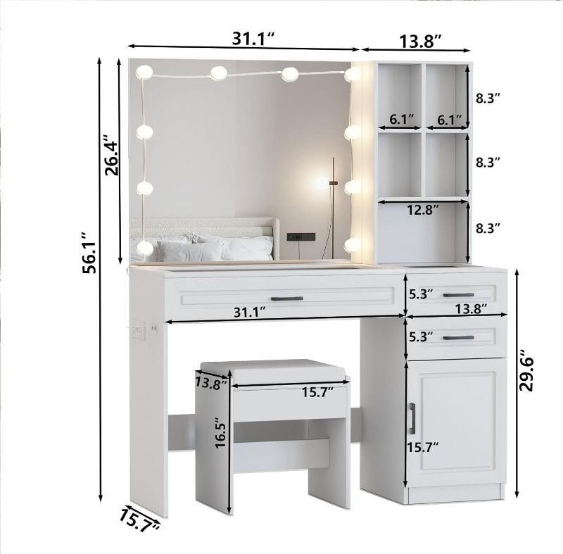 Photo 5 of (NON-REFUNDABLE) 36" Modern Mirror Makeup Vanity with 4 Drawers Charging Station and Light Strip, White 