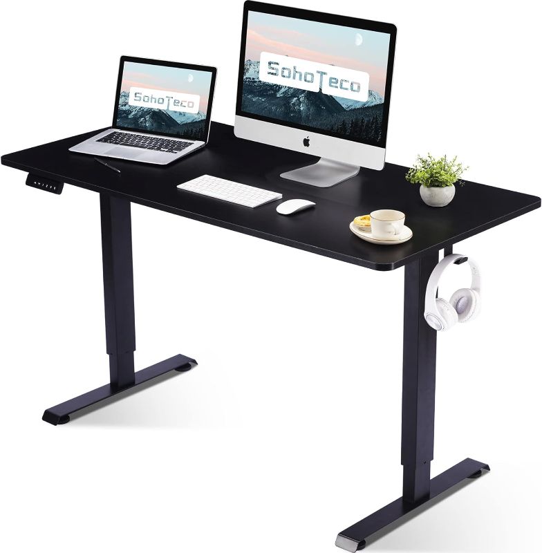 Photo 1 of **MISSING HARDWARE-MINOR SCRATCHES**
Electric Height Adjustable Desk, 48x24 Sit Stand Desk with Splice Board, Gaming Desk with Memory Presets, Black Steel Frame & Black Board