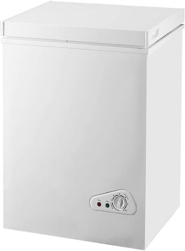 Photo 1 of ***USED - MAJOR DAMAGE - COVERED IN DENTS - NO PACKAGING - UNABLE TO TEST***
Compact Chest Freezer, 3.5 Cu.Ft. Deep Freezer with Dividers and Basket, Manual Temperature Control, for Home Use, White, 22.1"D x 23.5"W x 31.9"H