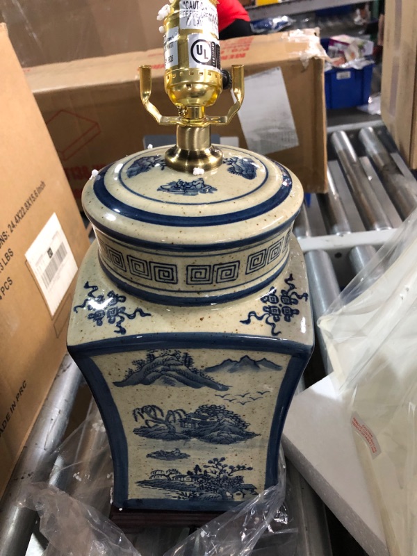 Photo 5 of Oriental Furniture 25" Blue & White Chinese Calligraphy Porcelain Lamp