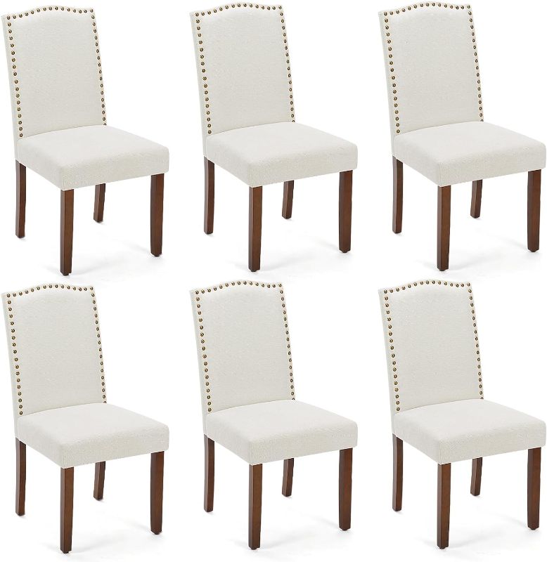 Photo 1 of ***MISSING SEAT BOTTOMS - SEE COMMENTS***
MCQ Upholstered Dining Chairs Set of 6, Modern Upholstered Fabric Dining Room Chair with Nailhead Trim and Wood Legs, Mid-Century Accent Dinner Chair for Living Room, Kitchen, Beige, 40 Inch Height