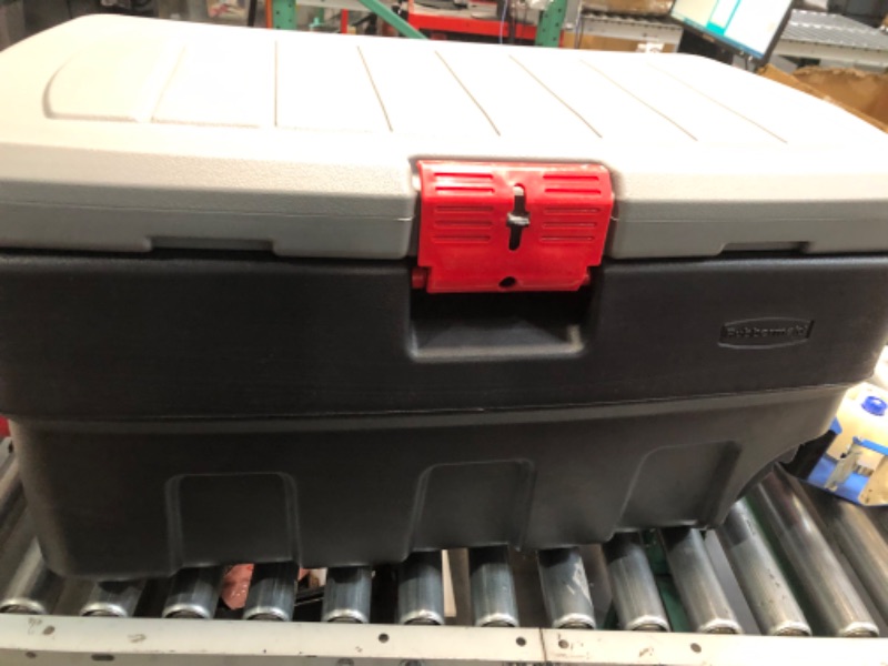 Photo 1 of (READ FULL POST) Rubbermaid 35 Gallon Wheeled ActionPacker, 35 Gal 1 Pack, Black Base, Grey Lid, Red Latches & Handles 35 Gal Wheeled - 1 Pack