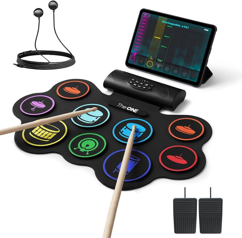 Photo 1 of The ONE Electronic Drum Set with Free App, 9 Pads Roll Up Drum Kit with Headphones, Built-in Speaker, Drum Sticks, Pedals, Support Bluetooth MIDI/Recording