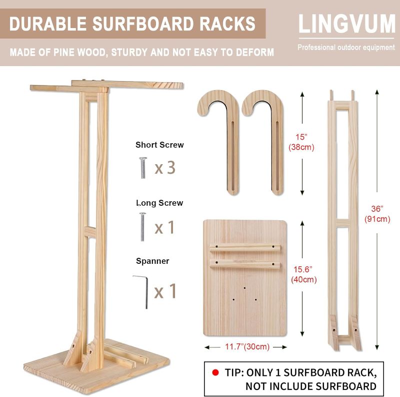 Photo 1 of **missing hardware** LINGVUM Surfboard Stand Racks, Sturdy Surfboard Racks Standing with Floor-standing Design, Storage & Display for Shortboard and Longboard, Wooden