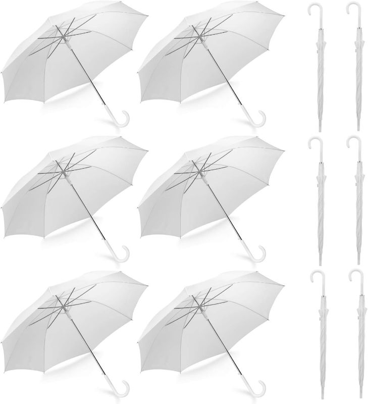 Photo 1 of (READ FULL POST) Liberty Imports Pack of 12 Wedding Style Stick Umbrellas 46" Large Canopy Windproof Auto Open J Hook Handle in Bulk (Pearl White)
