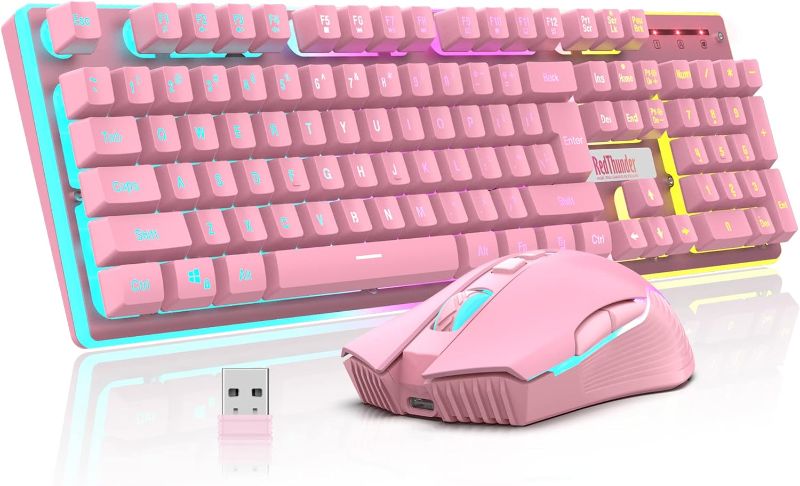 Photo 1 of RedThunder K10 Wireless Gaming Keyboard and Mouse Combo, LED Backlit Rechargeable 3800mAh Battery, Mechanical Feel Anti-ghosting Keyboard + 7D 3200DPI Mice for PC Gamer (Pink)
