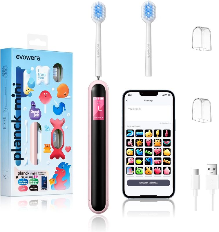 Photo 2 of evowera Smart Manual Toothbrush for Kids, Uncleaned Area & Pressure Reminder, Coaching App, Color Display, WiFi Compatible, Soft Bristle, Timer, Message Function, BPA Free, Age 6-9, Pink Toothbrushes color pink