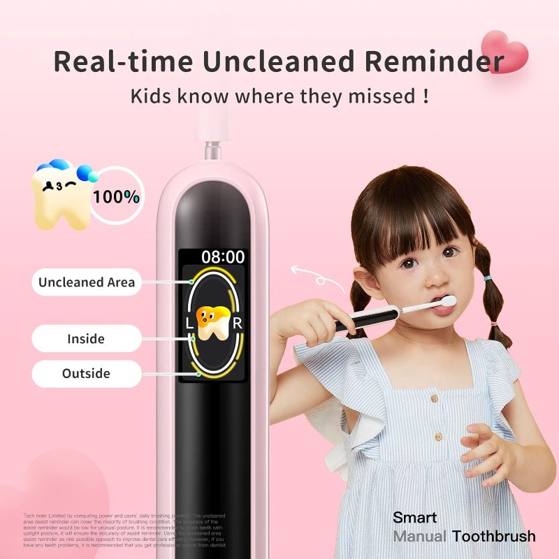 Photo 1 of evowera Smart Manual Toothbrush for Kids, Uncleaned Area & Pressure Reminder, Coaching App, Color Display, WiFi Compatible, Soft Bristle, Timer, Message Function, BPA Free, Age 6-9, Pink Toothbrushes color pink