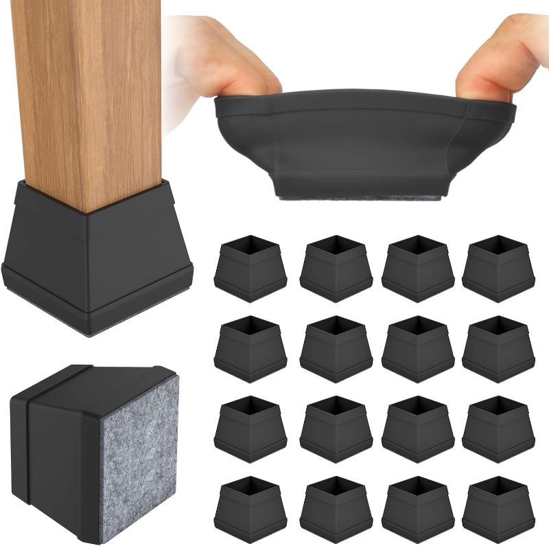 Photo 1 of 16 PCS Square Chair Leg Floor Protector, Silicone Chair Leg Cover, Furniture Leg Protectors with Felt, Mobile Table Leg pad, Protect The Floor from Scratches.1 1/2 in Black.