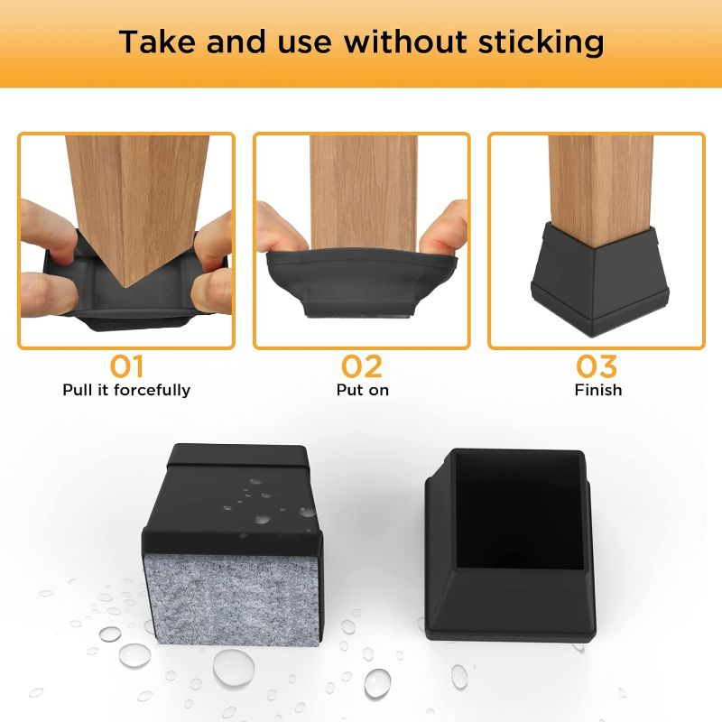 Photo 2 of 16 PCS Square Chair Leg Floor Protector, Silicone Chair Leg Cover, Furniture Leg Protectors with Felt, Mobile Table Leg pad, Protect The Floor from Scratches.1 1/2 in Black.