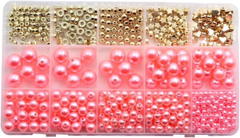 Photo 1 of 770pcs Pearl Beads for Bracelets Making Round Pearls Beads Craft Kit with Storage Box Accessories Beads for Bracelet Making Ornament Craft Charm DIY (Pink)