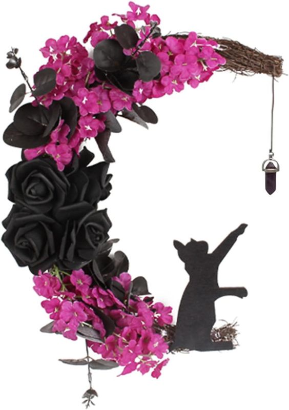 Photo 1 of  Wreaths Moon Cat Wreath with Rose, Wreath Garland for Front Door Window Wall Decor Wreath Indoor Outdoor Gothic Wreath Decorations (Rose Red)