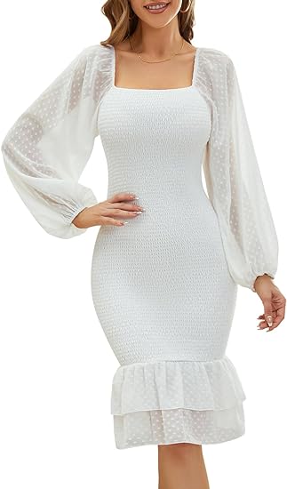 Photo 1 of FARORO Women Bodycon Sexy Party Dresses - Casual Dresses Puff Sleeve White Smocked Fall Winter Midi Dress S