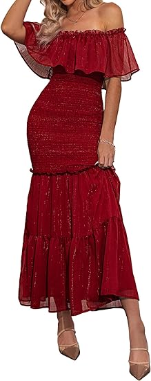 Photo 1 of BerryGo Women's Elegant Maternity Off The Shoulder Ruffle Bodycon Maxi Dress Smocked Bridesmaid Wedding Guest Dress L