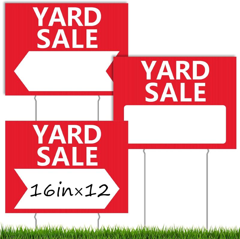 Photo 1 of 3 Pack Yard Sale Signs 12" x 16" Yard Sale Signs with Stakes Double sided Directional Arrow Yard Sale Signs Corrugated Plastic Yard Sale Signs with Metal Stakes for Yard Garage Sale