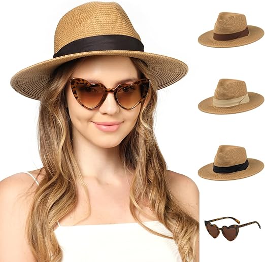 Photo 1 of Funcredible Beach Hats for Women - Panama Straw Sun Hat with Heart Shape Glasses - Summer Fedora Packable Travel Hat UPF 50+