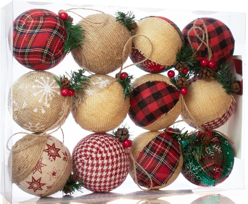 Photo 1 of 12 Piece Rustic Christmas Tree Ornaments, Farmhouse Christma Decoration, Natural Jute Burlap Christmas Ball