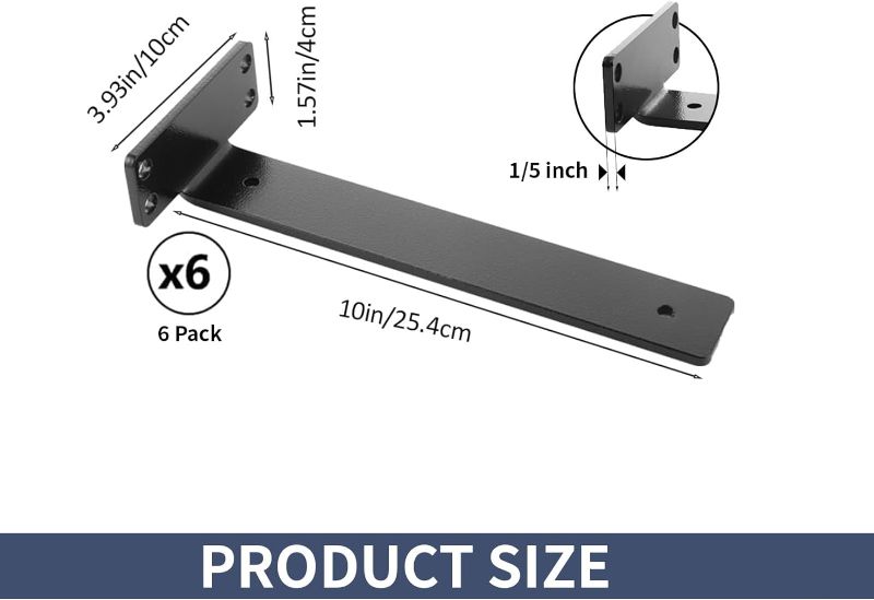 Photo 2 of  FMhotu 10 Inch Floating L Shelf Bracket for Wall, Heavy Duty 1/5” Thick Industrial Shelf Brackets W/ Modern Metal Finish, Black Hidden Shelves Mounting Brackets to Maximize Your Storage Space