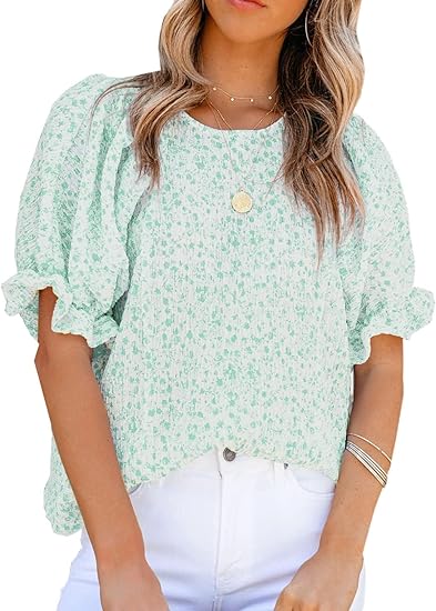 Photo 1 of ANGGREK Womens Tops Dressy Casual Floral Print Summer Blouses for Women Crewneck Puff Sleeve Shirts - Medium