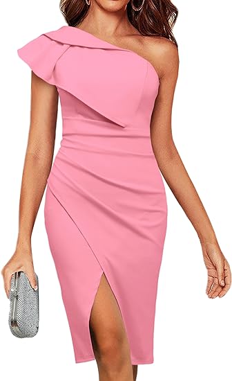 Photo 1 of Gentlewarm Wedding Guest Cocktail Party Dress for Women One Shoulder Ruffled Ruched Slit Bodycon Fomal Midi Dresses S