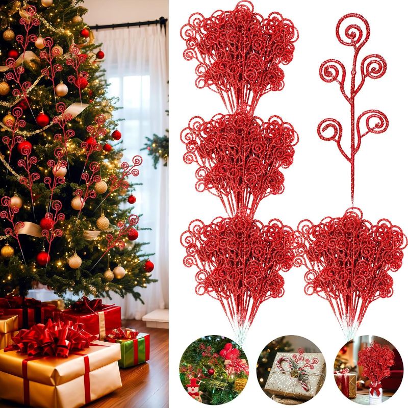Photo 1 of Zeyune 150 Pcs Christmas Tree Picks and Sprays Glitter Christmas Picks Ornaments Decorative Sticks 12 Inch Stems for Christmas Tree Spray Picks for Xmas Party Decorations Branches Vase Fillers(Red)