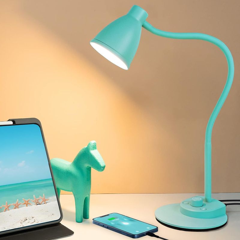 Photo 1 of BOHON LED Desk Lamp with USB Charging Port, 3 Color Modes Fully Dimmable Reading Lamp, Auto Dimming Task Lamp, Flexible Gooseneck Table Light for Office Dorm Bedside, Adapter Include, Teal