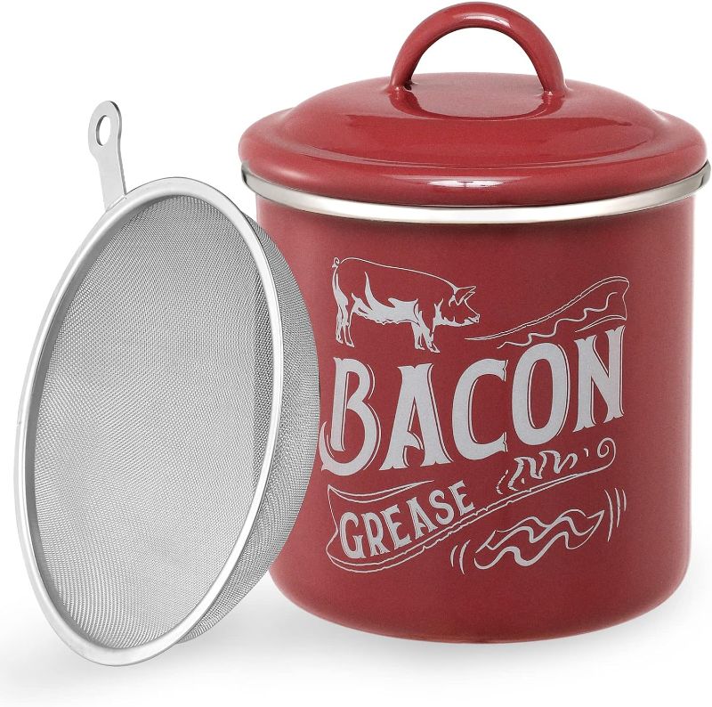 Photo 1 of 38OZ (1.3L) Bacon Grease Saver Container with Fine Strainer - Enamel & Stainless Steel Oil Keeper Can for Bacon Fat Dripping - Farmhouse Kitchen Gift & Decor Cooking Accessories - Dishwasher Safe, Red
